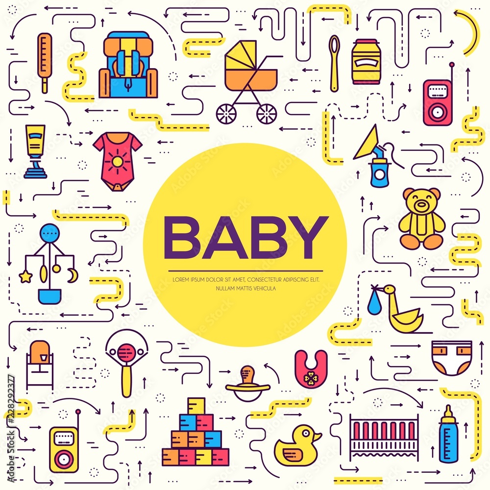 World thin line breastfeeding week and kids elements flat icon set concept. Child outline illustrations design World thin line breastfeeding week and kids elements flat icon set concept. Child outline illustrations design