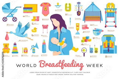 World breastfeeding week and kids elements flat icon set concept. Child illustrations design