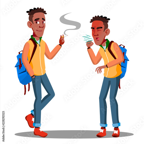 Smoking And Sneezes, Coughsyoung Student With Backpack Vector. Isolated Illustration