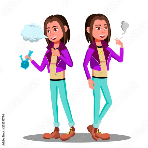Problem With Drugs, Young Student With Cigarette, Bong Vector. Isolated Illustration