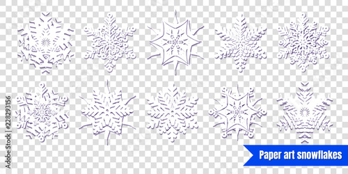 White snowflakes with shadow on transparent background. Paper cut. Vector illustration. Winter set for decorating for the new year and Christmas.