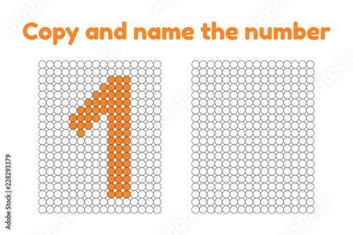 Educational game for attention for children of kindergarten and preschool age. Repeat the picture. Copy and name the number. Color by example. Orange one. 1