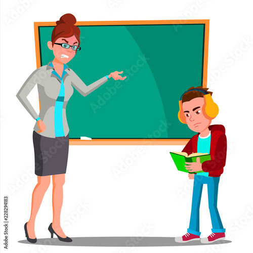 Angry Teacher At The Blackboard, The Child At Desk Looking Into The Book With Headphones Vector. Isolated Illustration