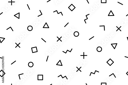 Pattern. Seamless memphis geometric graphic pattern 80s-90s styles on white background. Colorful pattern with different shapes objects. Wrapping paper, background, wallpaper. Vector Illustration