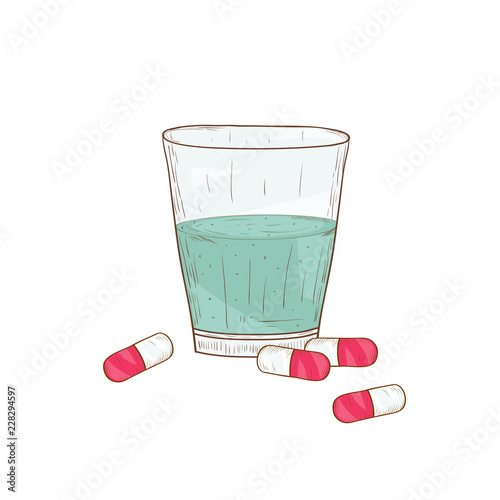Capsule and a glass of water. Medicine. Sketch. On a white background.