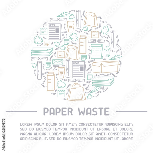 Waste paper information card. Line style vector illustration. There is place for your text