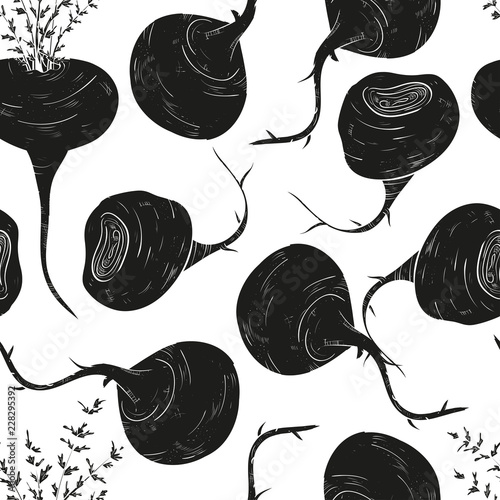 Maca. A plant, a root. Black silhouette on white background. Texture, seamless.