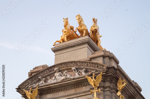 The golden horse figures of the Cascada Monumental in the Ciutadella Park or Parc de la Ciutadella in Barcelona, Spain.