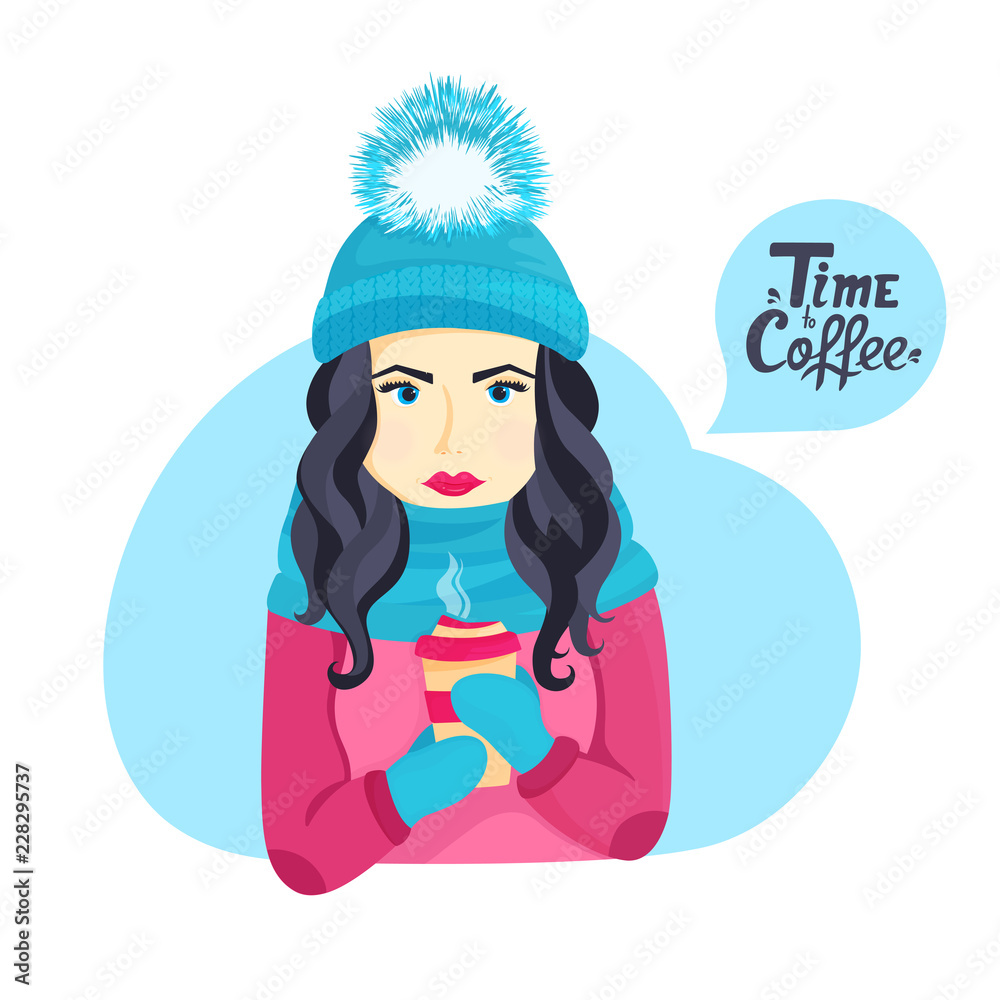 Obraz premium Beautiful young girl in a winter hat with a fluffy pompon and in a scarf holding a cup of hot coffee.