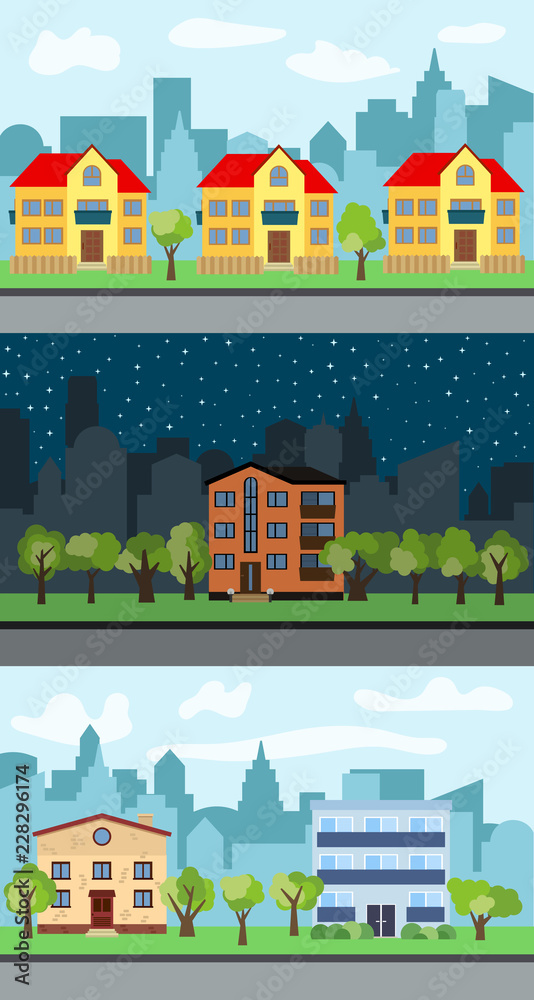 Set of three vector illustrations of city street