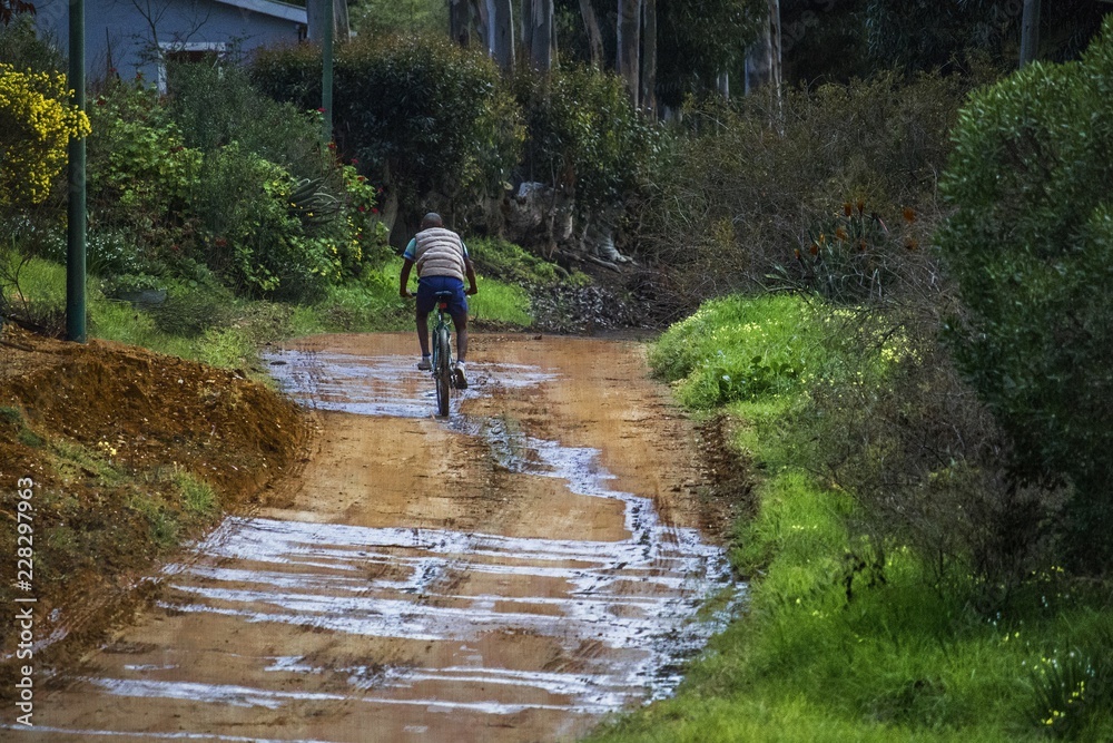 Man riding a bicycle on a rural wet dirt Road surrounded my trees and a home. -  Napier, Western Cape, South Africa.