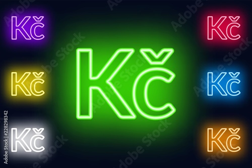 Neon Czech koruna sign in various color options on a dark background .