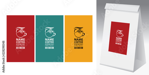 Paper packaging with label for coffee beans. Set of three vector labels for coffee with coffee cup and barcode, and paper 3d package with one of this labels.