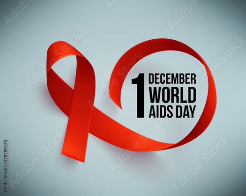 Banner with realistic red ribbon. Poster with symbol for world aids day, 1 december. Design template, vector.