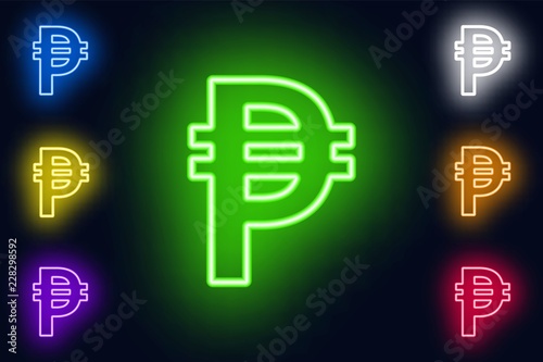 Neon Philippine Peso sign in various color options on a dark background .