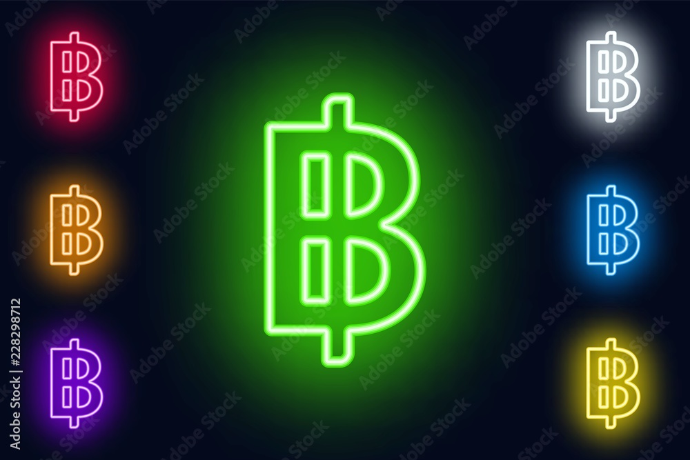 Neon Thai baht sign in various color options on a dark background . Neon Thai baht sign in various color options on a dark background .