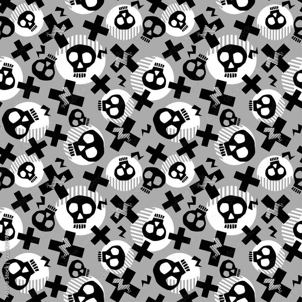 Punk seamless pattern with grunge bold painted  funky skulls.
