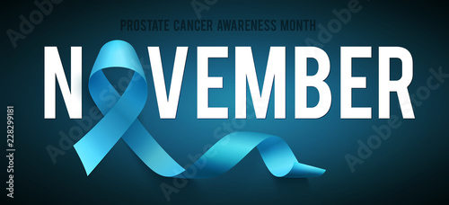 Banner for Prostate cancer awareness month in november. Word november with realistic blue ribbon. Design template poster