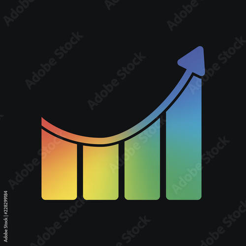 Growing bars graphic with rising arrow icon. Rainbow color and d