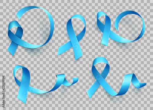 Big set of blue ribbons over transparent background. Symbol of prostate cancer awareness month in november. Vector