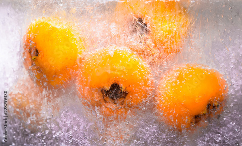 quattro bacche arancioni congelate nel ghiaccio