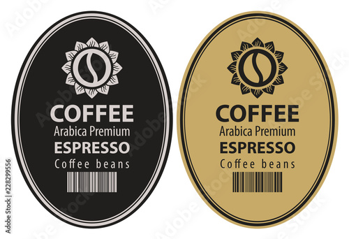 Set of two vector labels for coffee beans in oval frame in retro style with coffee bean in flower, barcode and words Espresso, Arabica premium