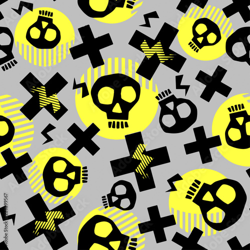 Punk seamless pattern with grunge bold painted  funky skulls.