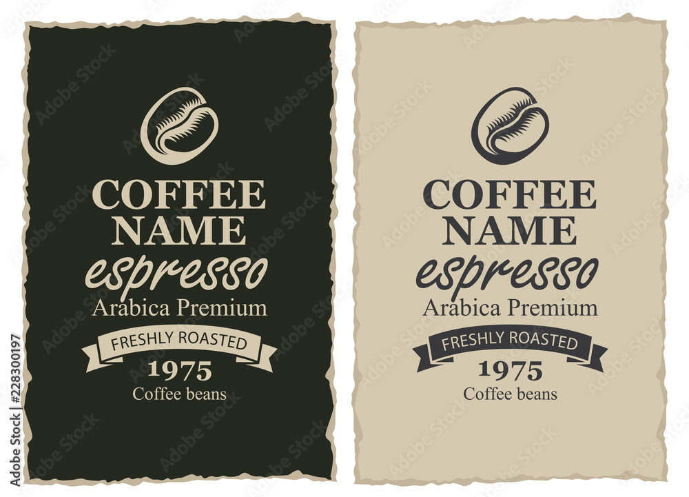 Set of two vector labels for freshly roasted coffee beans with ribbon in frame with ripped edges in retro style with inscription Espresso
