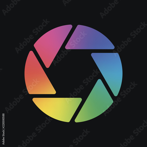 camera objective. simple silhouette. Rainbow color and dark back