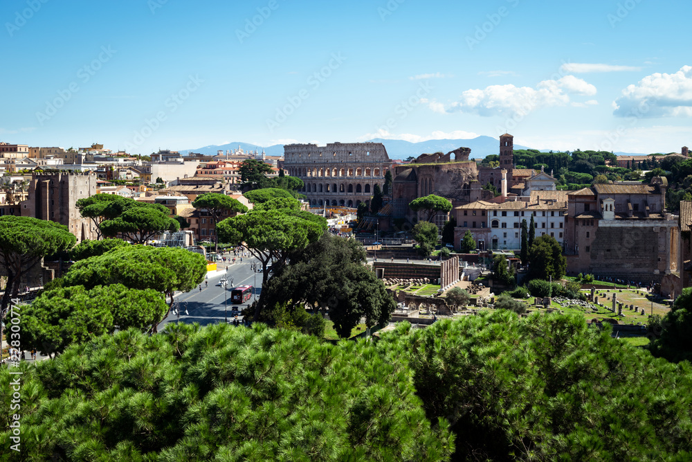 Rome cityscape with green trees and old architecture. Daylight with blue sky