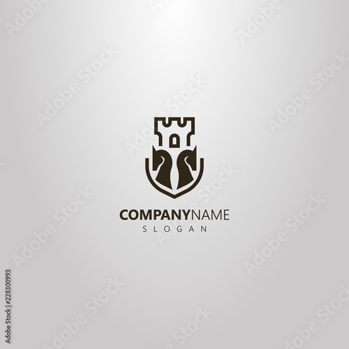 black and white simple vector flat art logo of two chess knights and castle tower behind them
