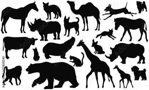 Set of 20 animals silhouettes isolated on white background. Animals vector illustrations.