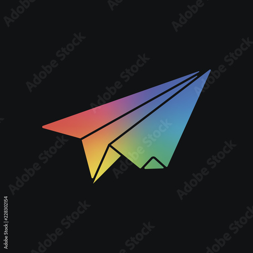 paper plane. origami glider. Rainbow color and dark background