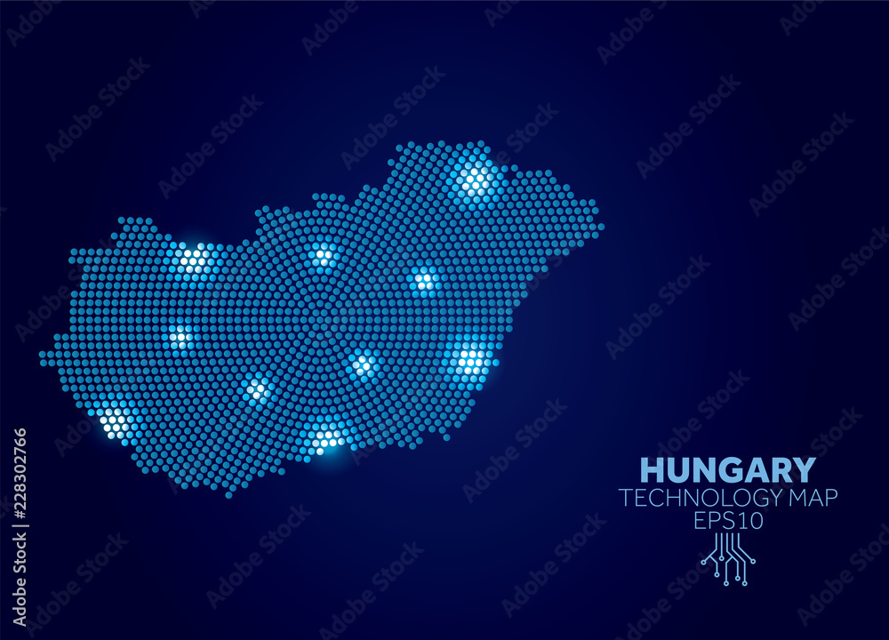 Hungary dotted technology map. Modern data communication concept