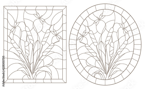 Set contour illustrations of stained glass with reeds, a bouquets with dragonflies,dark outlines on white background