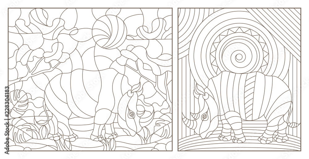 Set of contour illustrations of stained glass Windows with rhinos, dark contours on a white background