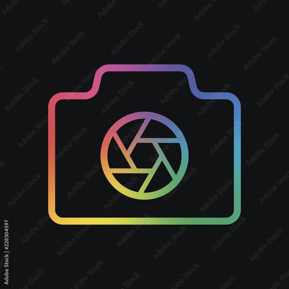 Photo camera with shutter, linear symbol with thin outline, simple icon. Rainbow color and dark background Photo camera with shutter, linear symbol with thin outline, simple icon. Rainbow color and dark background
