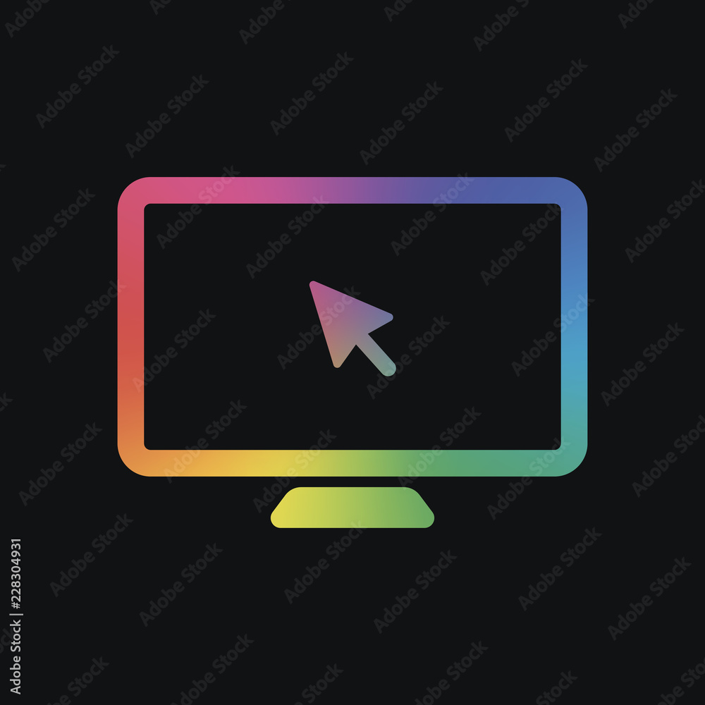 Desktop computer and mouse arrow. Simple digital icon. Rainbow color and dark background Desktop computer and mouse arrow. Simple digital icon. Rainbow color and dark background