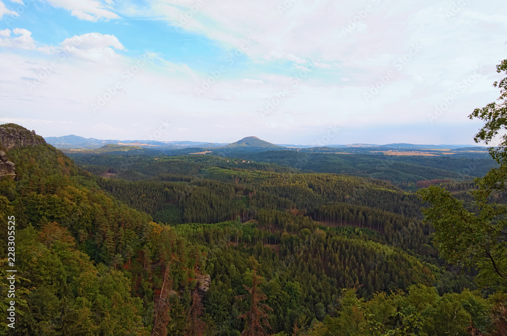 Aerial view of Czech Switzerland (Bohemian Switzerland or Ceske Svycarsko) National Park. View from Pravcicka brana. Famous touristic place and travel destination in Europe
