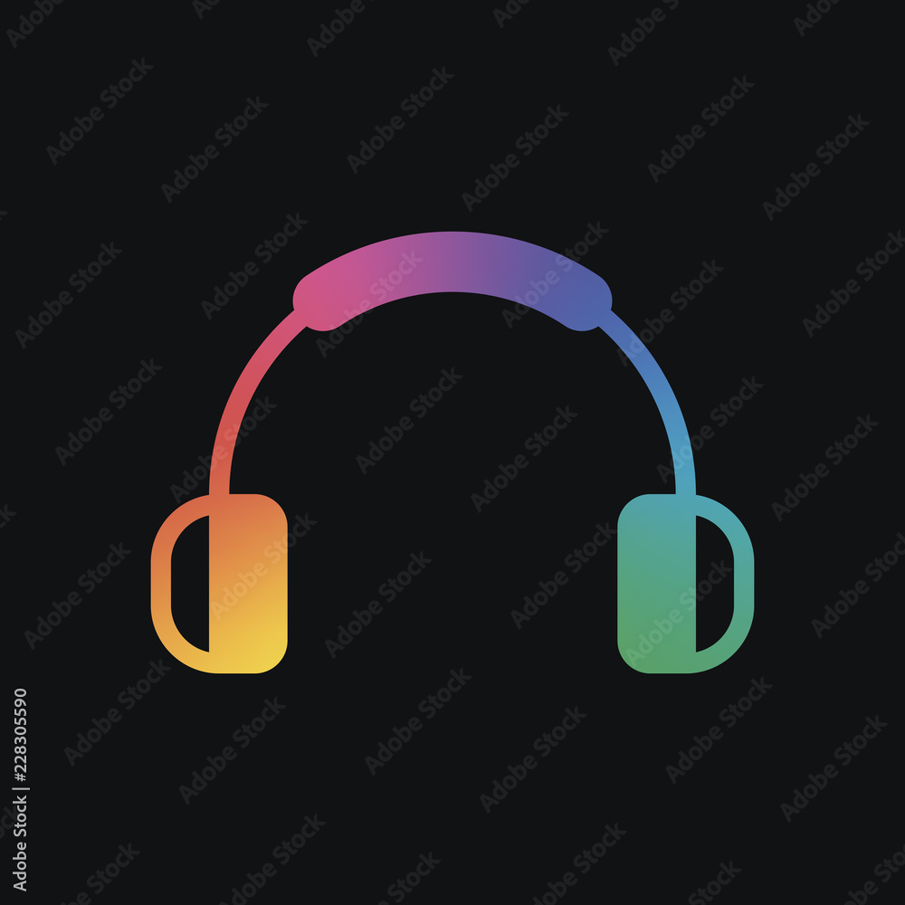 Headphones and music. Mute volume. Simple icon. Rainbow color and dark background Headphones and music. Mute volume. Simple icon. Rainbow color and dark background