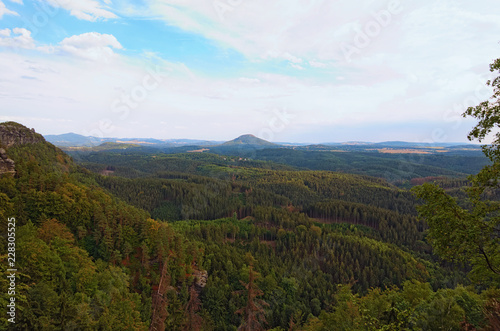 Aerial view of Czech Switzerland (Bohemian Switzerland or Ceske Svycarsko) National Park. View from Pravcicka brana. Famous touristic place and travel destination in Europe