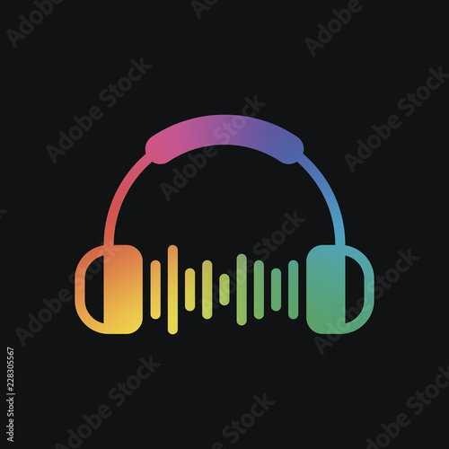 Headphones and music wave. Max volume level. Simple icon. Rainbow color and dark background