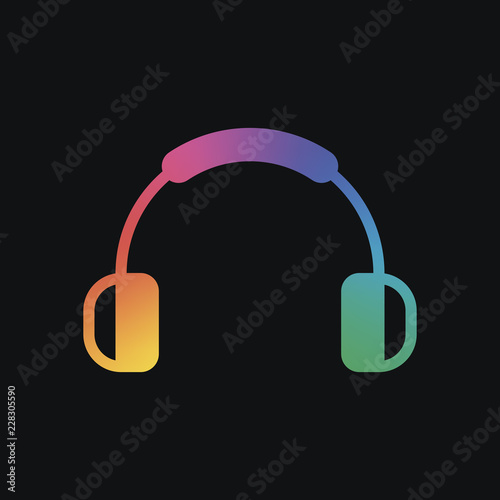 Headphones and music. Mute volume. Simple icon. Rainbow color and dark background