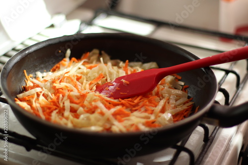 Iron pan with braised cabbage, horizontal shot photo