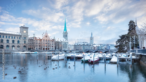 Old Zurich town in winter, view on lake photo