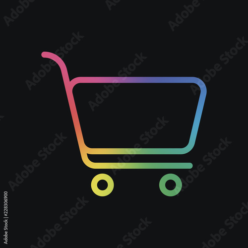 Shopping cart icon. Simple linear icon with thin outline. Rainbow color and dark background