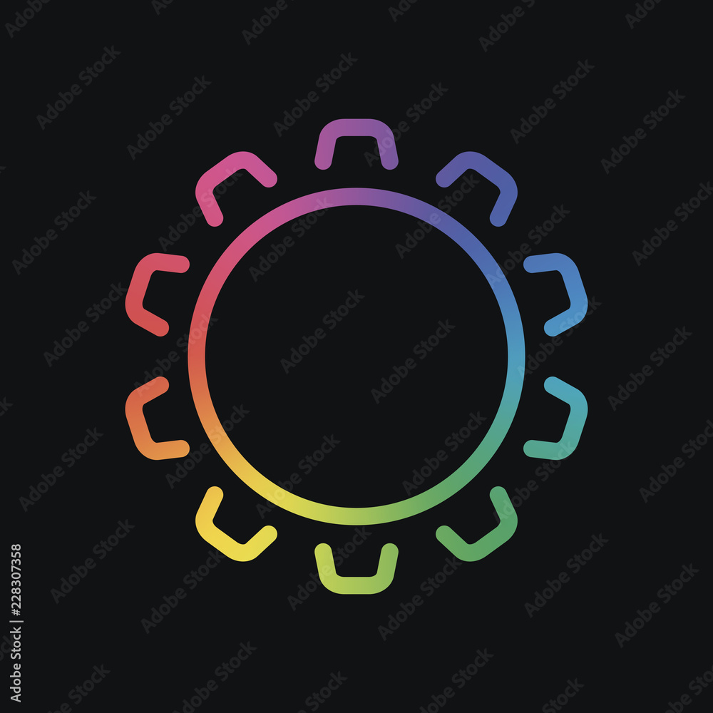 Simple gear or setting. Linear icon, thin outline. Rainbow color and dark background Simple gear or setting. Linear icon, thin outline. Rainbow color and dark background