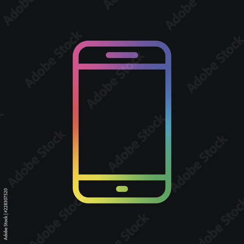 Simple mobile phone icon. Linear symbol, thin outline. Rainbow color and dark background