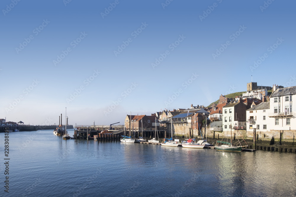 Whitby harbour, North Yorkshire seaside resort, calm and peaceful harbor