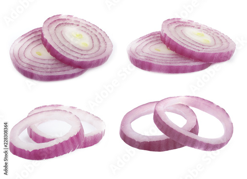 set of slices  red onion isolated on white background